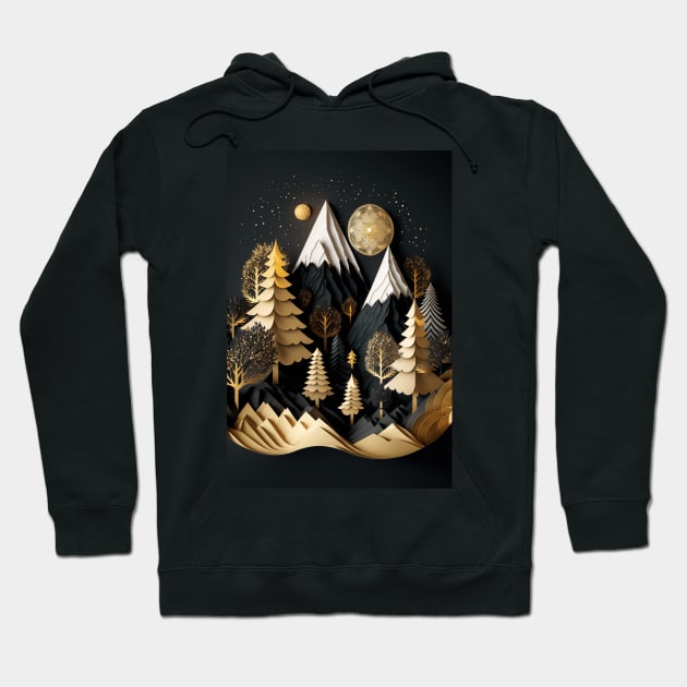 Gold and Black Wonderland - Whimsical Winter Holiday Mountainscape Forest Scene Hoodie by JensenArtCo